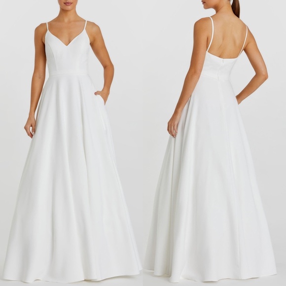 NEW IEENA For Mac Duggal WHITE Classic A-LINE V-Neck CREPE Wedding BALL GOWN 10 - Picture 1 of 16